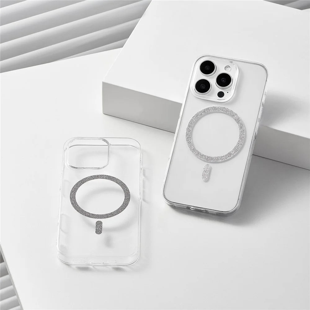 For iPhone 16 Pro Max Magnetic Case Glitter Ring 1.5mm Hard PC Clear Phone Cover - Silver - 3