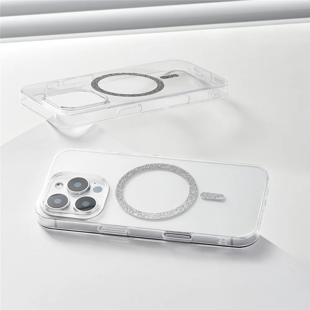 For iPhone 16 Pro Max Magnetic Case Glitter Ring 1.5mm Hard PC Clear Phone Cover - Silver - 5