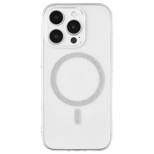 For iPhone 16 Pro Magnetic Case Glitter Ring 1.5mm Hard PC Clear Phone Cover - Silver - 1