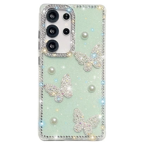 For Samsung Galaxy S25 Ultra Case Rhinestone Edge Pearl Butterfly Decor TPU + PC IMD Phone Cover - Glitter Light Green - 1