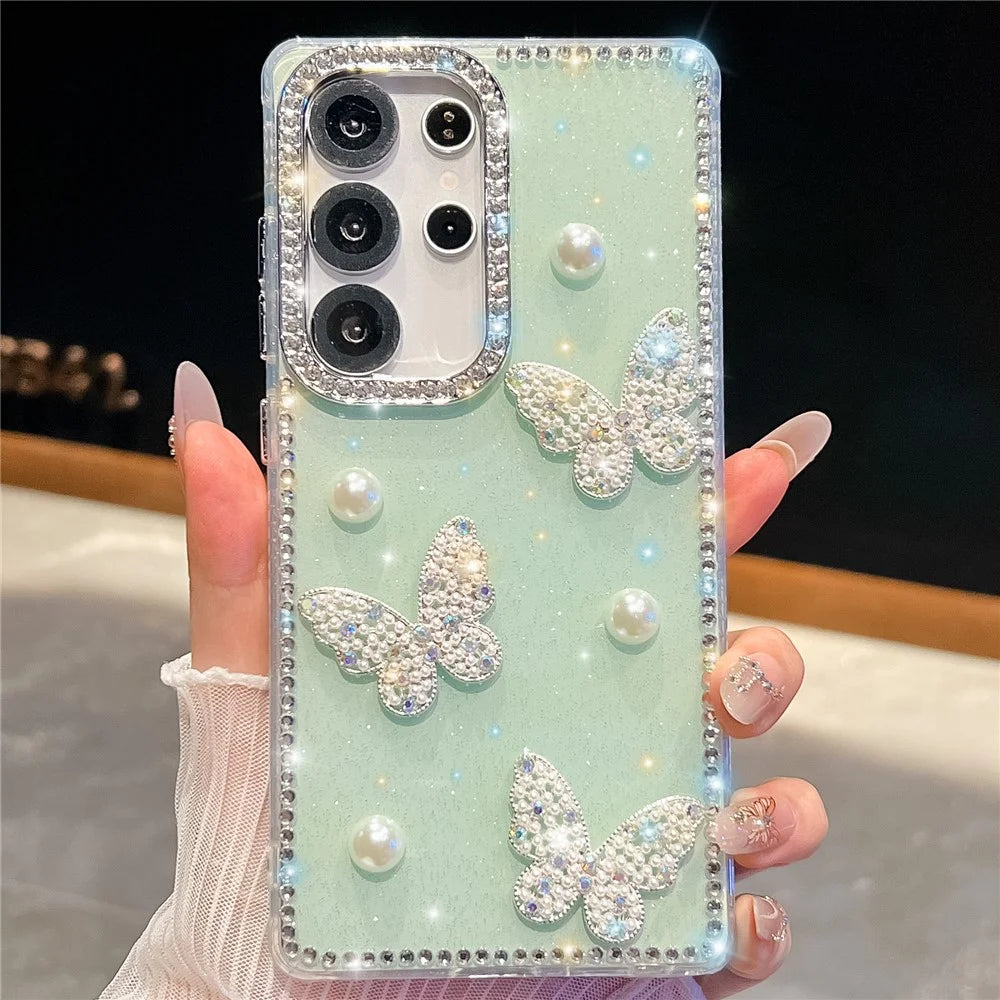For Samsung Galaxy S25 Ultra Case Rhinestone Edge Pearl Butterfly Decor TPU + PC IMD Phone Cover - Glitter Light Green - 2