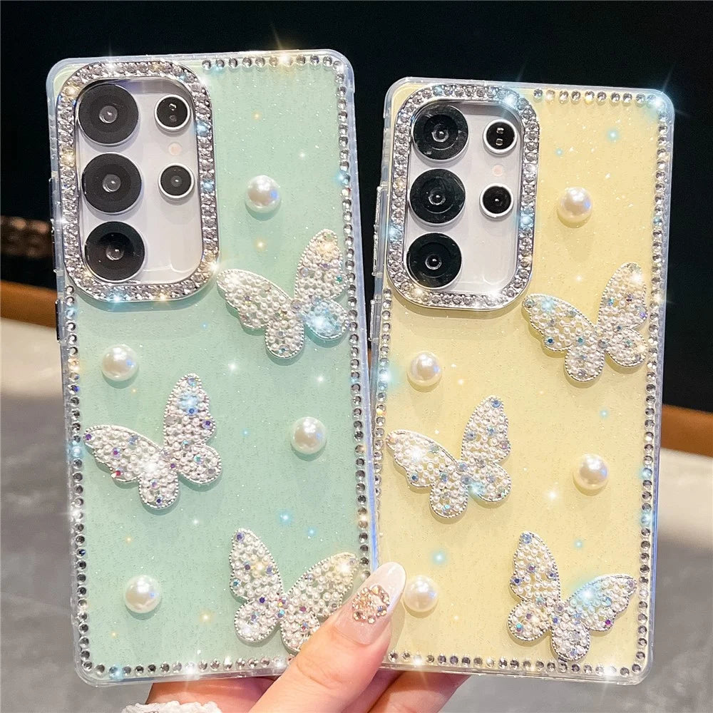 For Samsung Galaxy S25 Ultra Case Rhinestone Edge Pearl Butterfly Decor TPU + PC IMD Phone Cover - Glitter Light Green - 3