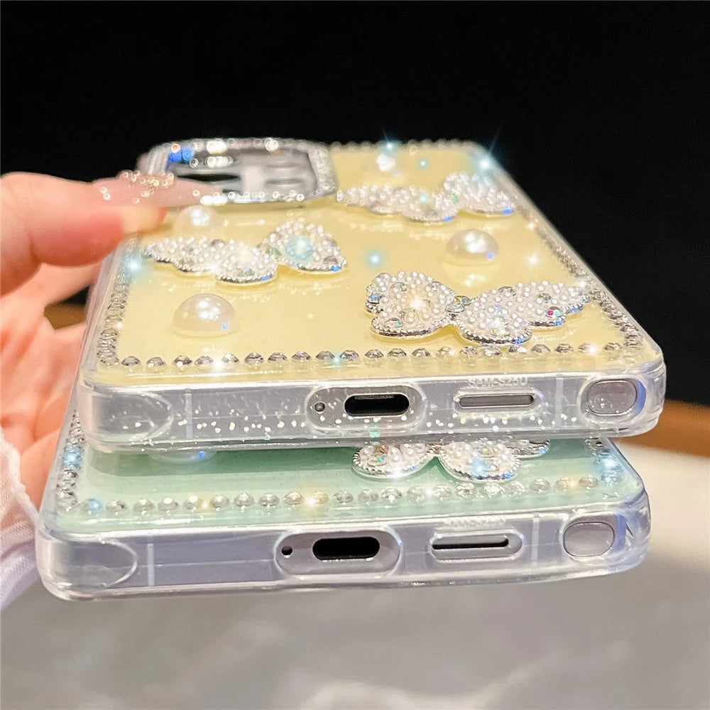 For Samsung Galaxy S25 Ultra Case Rhinestone Edge Pearl Butterfly Decor TPU + PC IMD Phone Cover - Glitter Light Green - 5