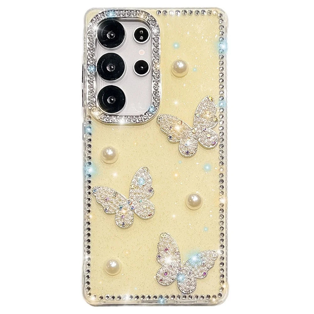 For Samsung Galaxy S24 Ultra Case Rhinestone Edge Pearl Butterfly Decor TPU + PC IMD Phone Cover - Glitter Light Yellow - 1