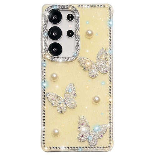 For Samsung Galaxy S24 Ultra Case Rhinestone Edge Pearl Butterfly Decor TPU + PC IMD Phone Cover - Glitter Light Yellow - 1