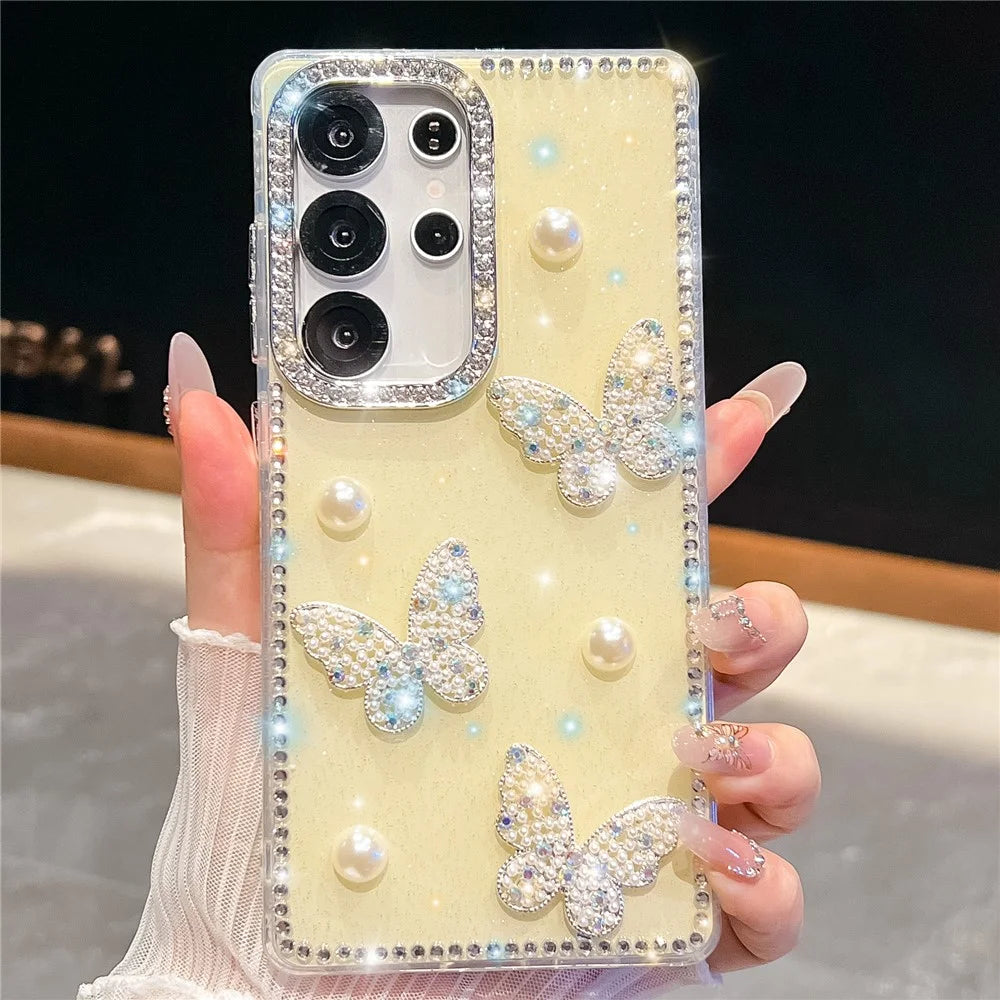 For Samsung Galaxy S24 Ultra Case Rhinestone Edge Pearl Butterfly Decor TPU + PC IMD Phone Cover - Glitter Light Yellow - 2