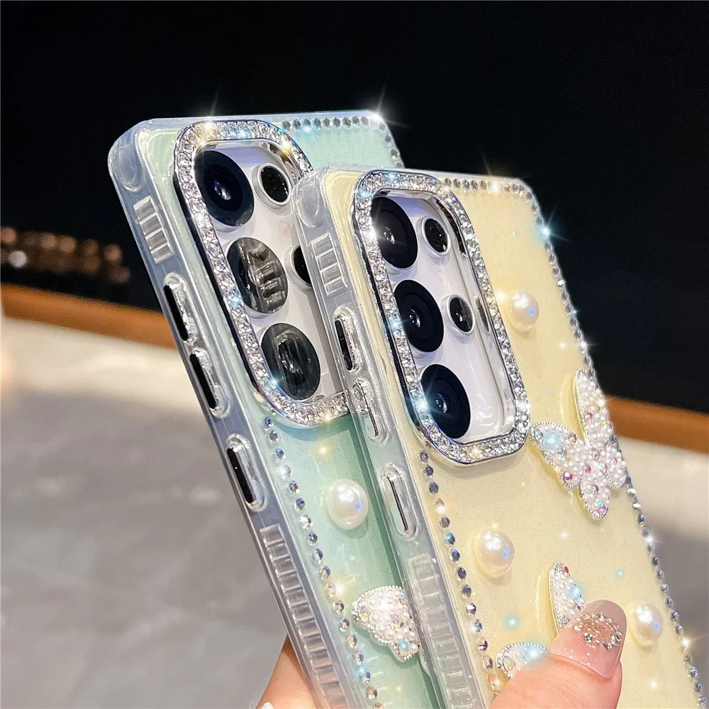 For Samsung Galaxy S24 Ultra Case Rhinestone Edge Pearl Butterfly Decor TPU + PC IMD Phone Cover - Glitter Light Yellow - 4