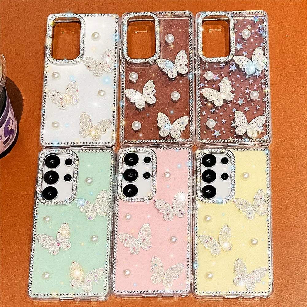 For Samsung Galaxy S24 Ultra Case Rhinestone Edge Pearl Butterfly Decor TPU + PC IMD Phone Cover - Glitter Light Yellow - 6