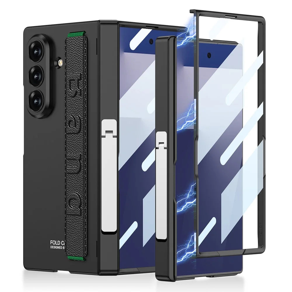 GKK For Samsung Galaxy Z Fold7 5G Case with Kickstand / Finger Strap PC Tempered Glass Phone Cover - Black - 1