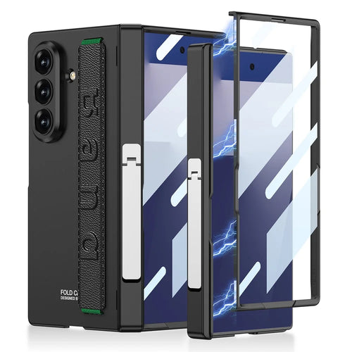 GKK For Samsung Galaxy Z Fold7 5G Case with Kickstand / Finger Strap PC Tempered Glass Phone Cover - Black - 1