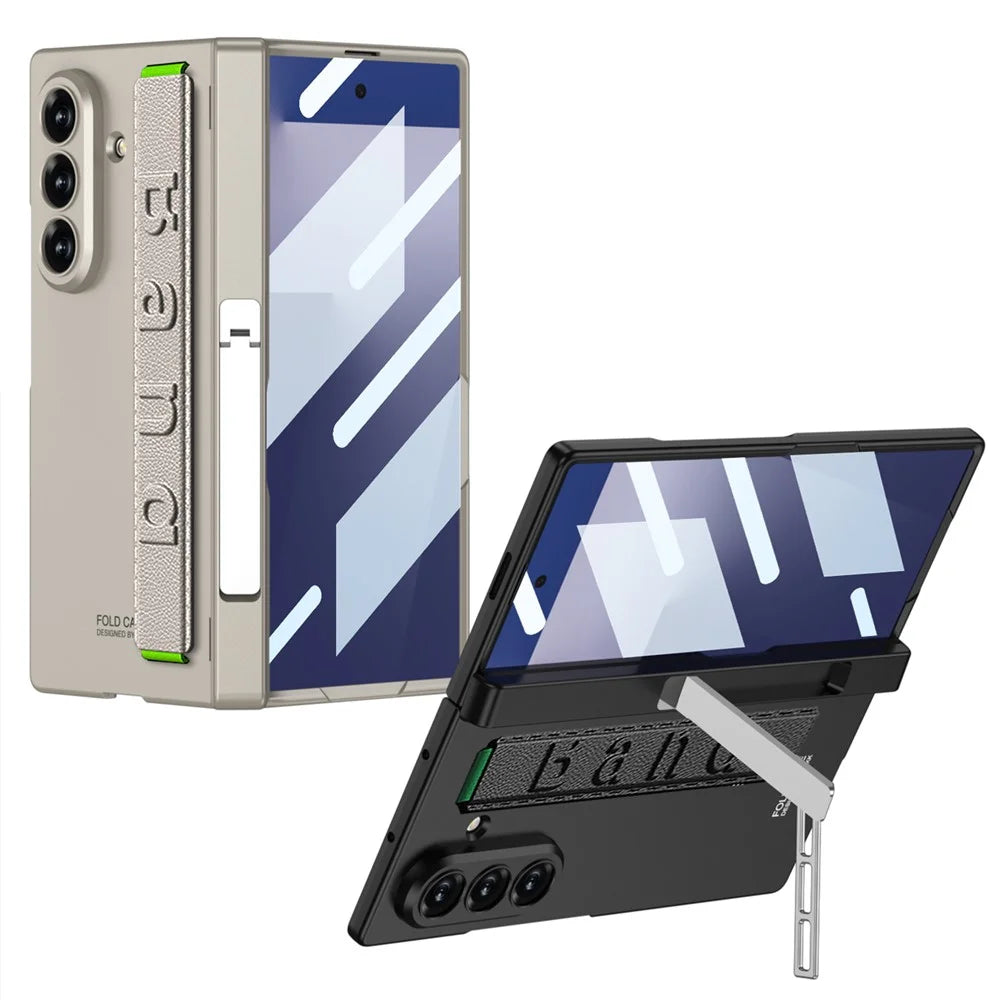 GKK For Samsung Galaxy Z Fold7 5G Case with Kickstand / Finger Strap PC Tempered Glass Phone Cover - Black - 3