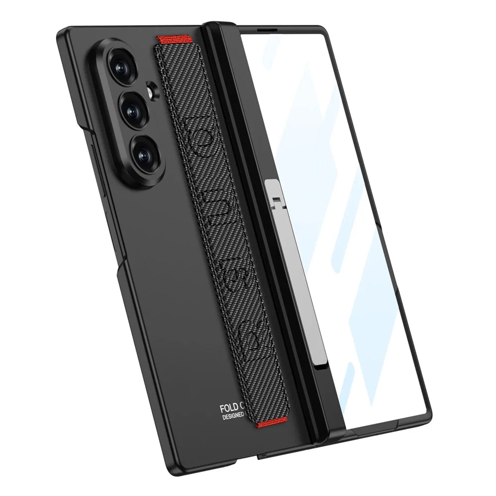 GKK For Samsung Galaxy Z Fold7 5G Case with Kickstand / Finger Strap PC Tempered Glass Phone Cover - Black - 5