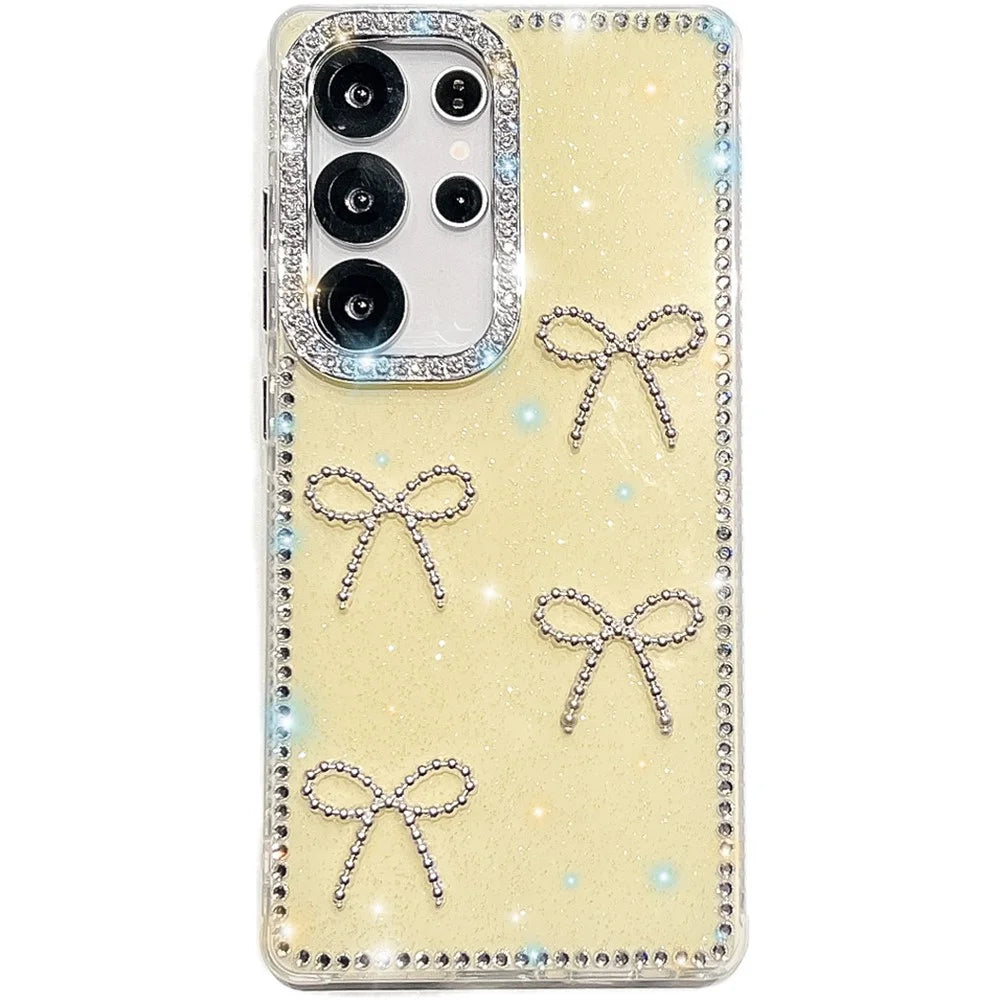 For Samsung Galaxy S25 Ultra Case Rhinestone Edge Butterfly Bow Decor TPU + PC IMD Phone Cover - Glitter Light Yellow - 1