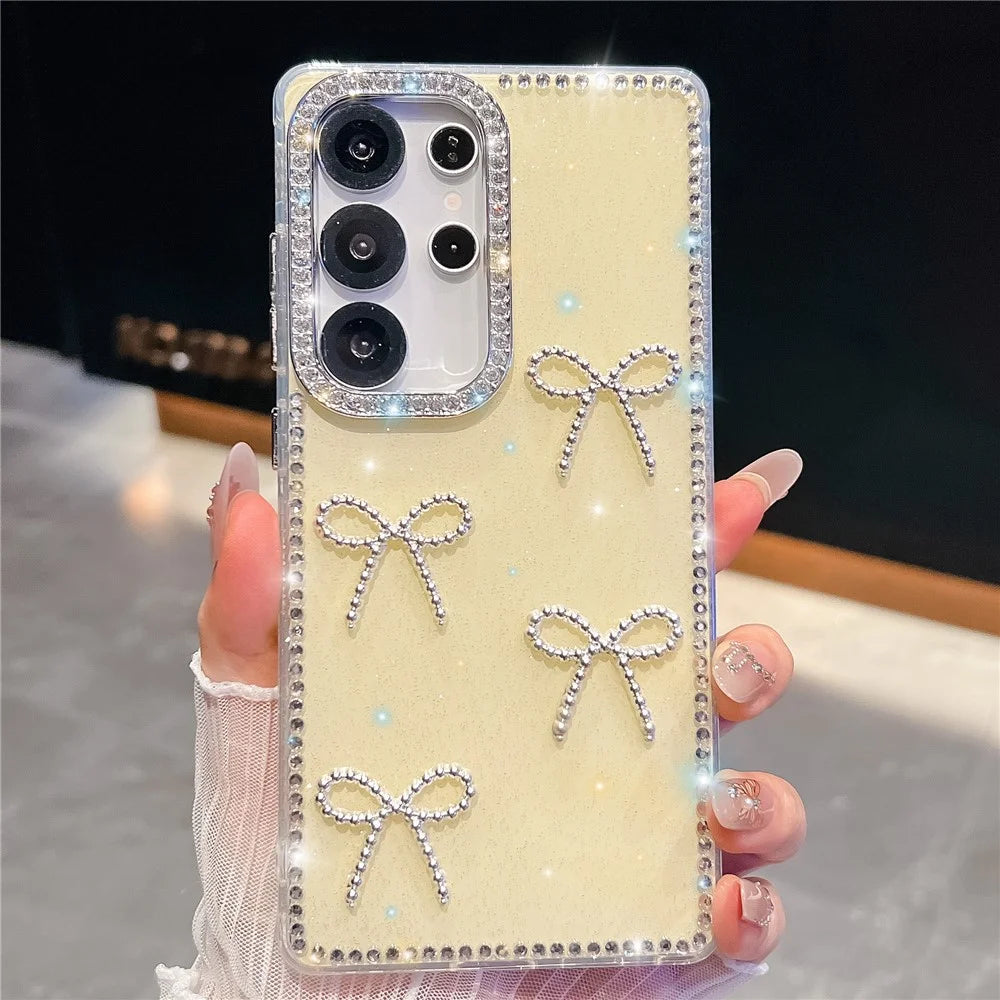 For Samsung Galaxy S25 Ultra Case Rhinestone Edge Butterfly Bow Decor TPU + PC IMD Phone Cover - Glitter Light Yellow - 2