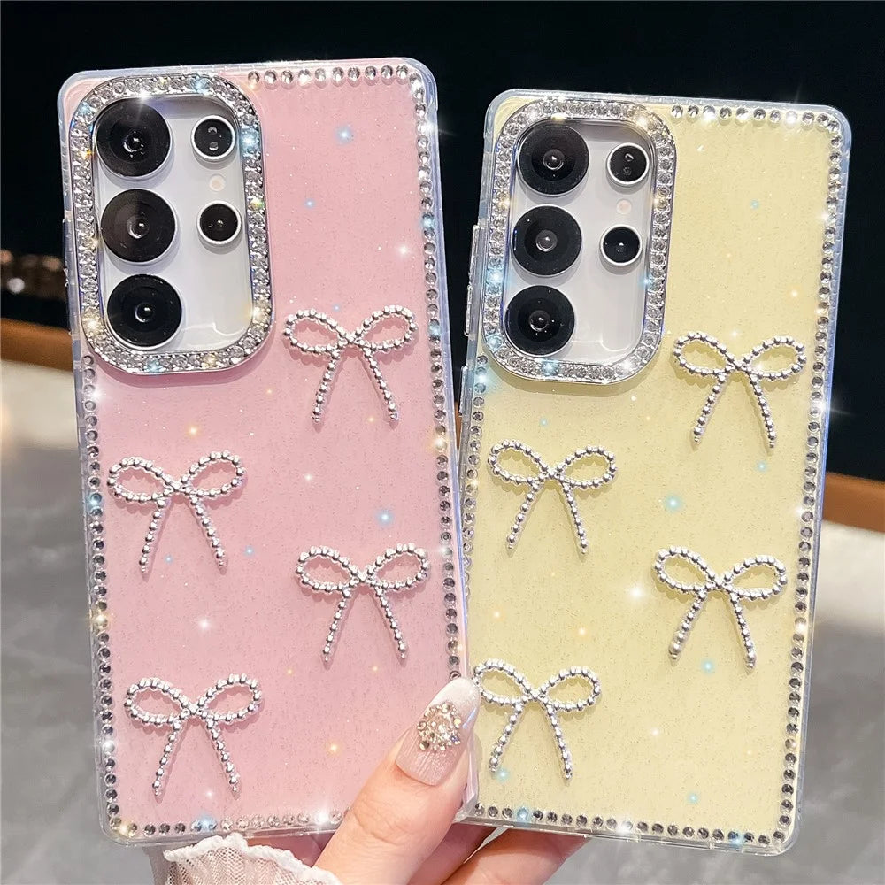 For Samsung Galaxy S25 Ultra Case Rhinestone Edge Butterfly Bow Decor TPU + PC IMD Phone Cover - Glitter Light Yellow - 3