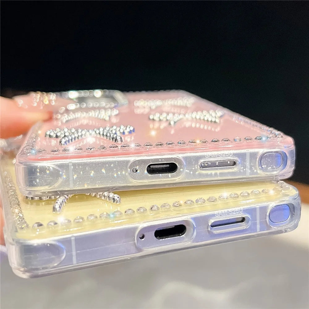 For Samsung Galaxy S25 Ultra Case Rhinestone Edge Butterfly Bow Decor TPU + PC IMD Phone Cover - Glitter Light Yellow - 5