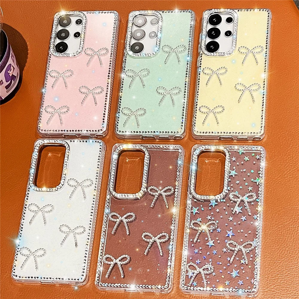 For Samsung Galaxy S25 Ultra Case Rhinestone Edge Butterfly Bow Decor TPU + PC IMD Phone Cover - Glitter Light Yellow - 6