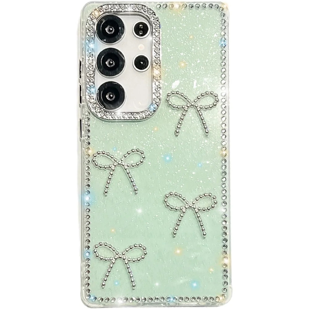 For Samsung Galaxy S24 Ultra Case Rhinestone Edge Butterfly Bow Decor TPU + PC IMD Phone Cover - Glitter Light Green - 1