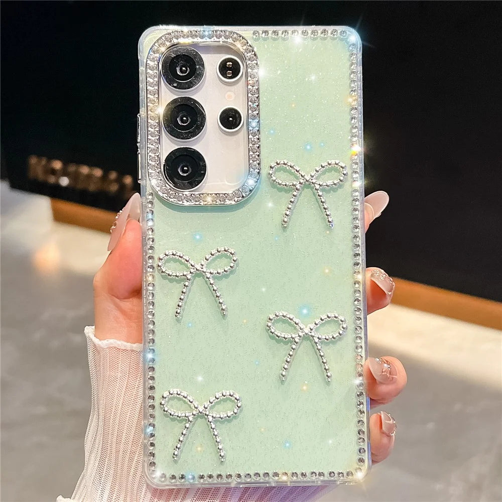 For Samsung Galaxy S24 Ultra Case Rhinestone Edge Butterfly Bow Decor TPU + PC IMD Phone Cover - Glitter Light Green - 2