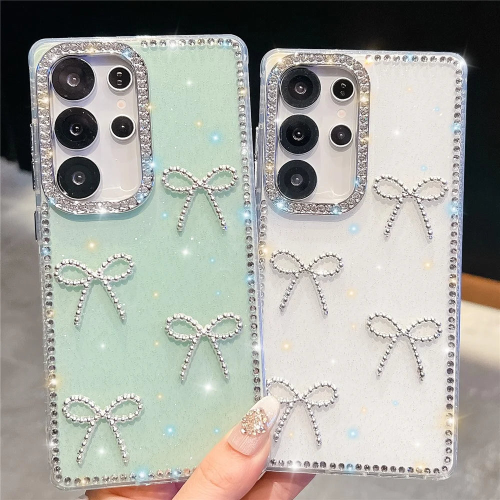 For Samsung Galaxy S24 Ultra Case Rhinestone Edge Butterfly Bow Decor TPU + PC IMD Phone Cover - Glitter Light Green - 3