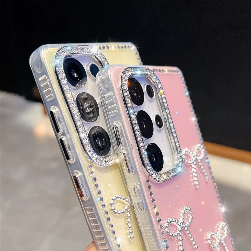 For Samsung Galaxy S24 Ultra Case Rhinestone Edge Butterfly Bow Decor TPU + PC IMD Phone Cover - Glitter Light Green - 4