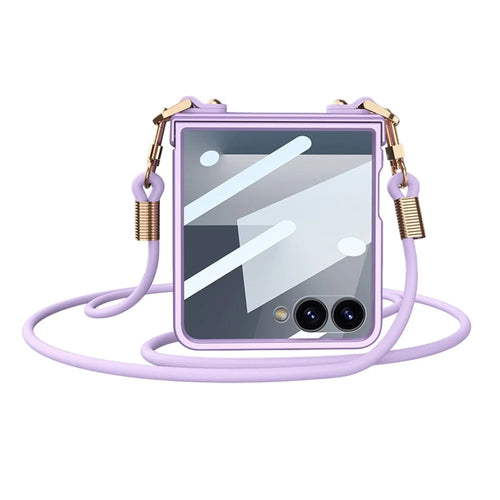 GKK For Samsung Galaxy Z Flip7 5G Case with Shoulder Strap PC Tempered Glass Slim Phone Cover - Purple - 1