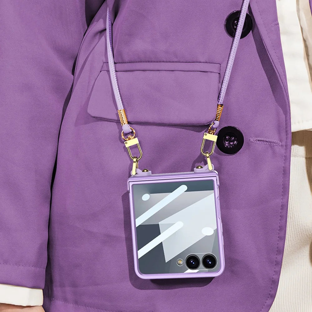 GKK For Samsung Galaxy Z Flip7 5G Case with Shoulder Strap PC Tempered Glass Slim Phone Cover - Purple - 3