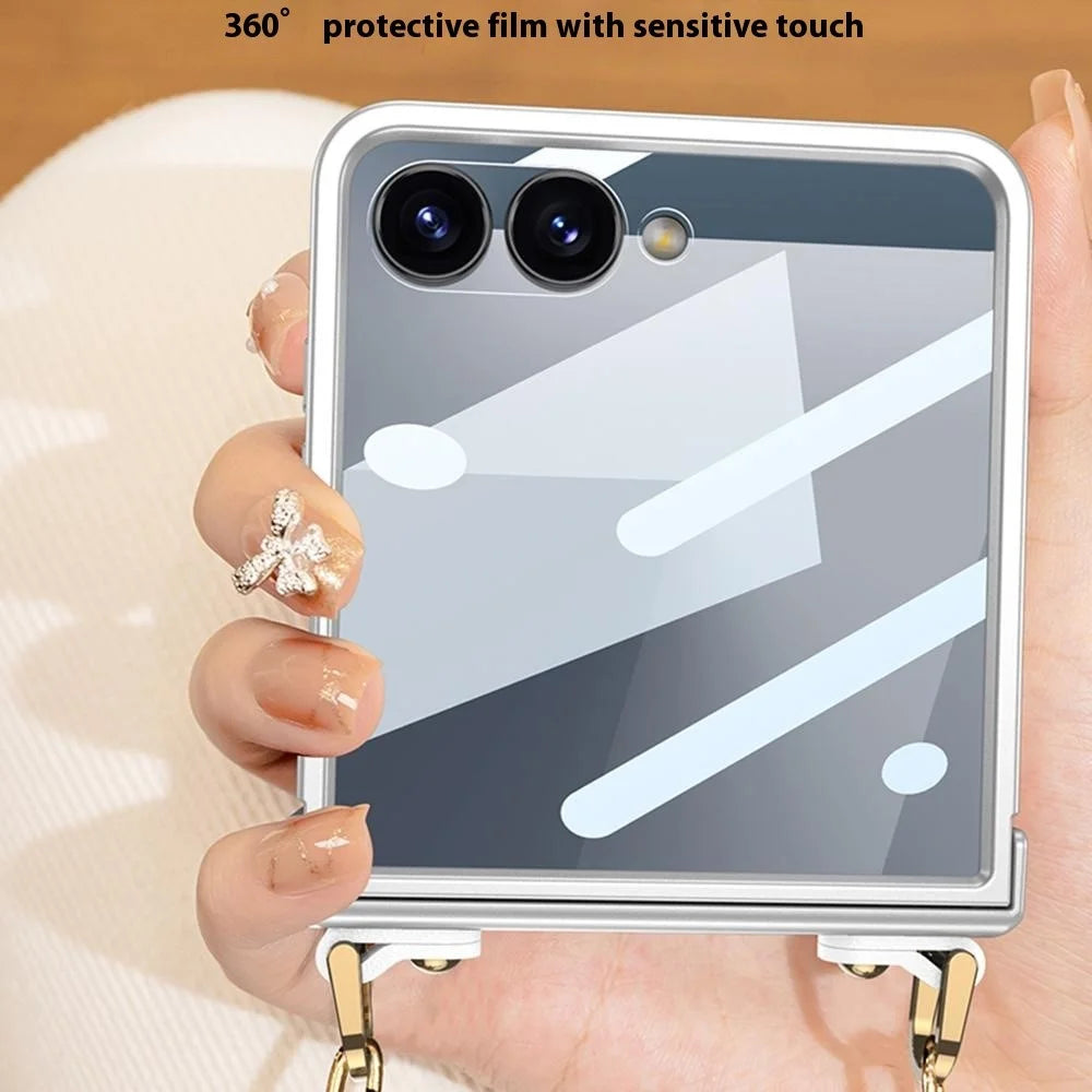 GKK For Samsung Galaxy Z Flip7 5G Case with Shoulder Strap PC Tempered Glass Slim Phone Cover - Purple - 5