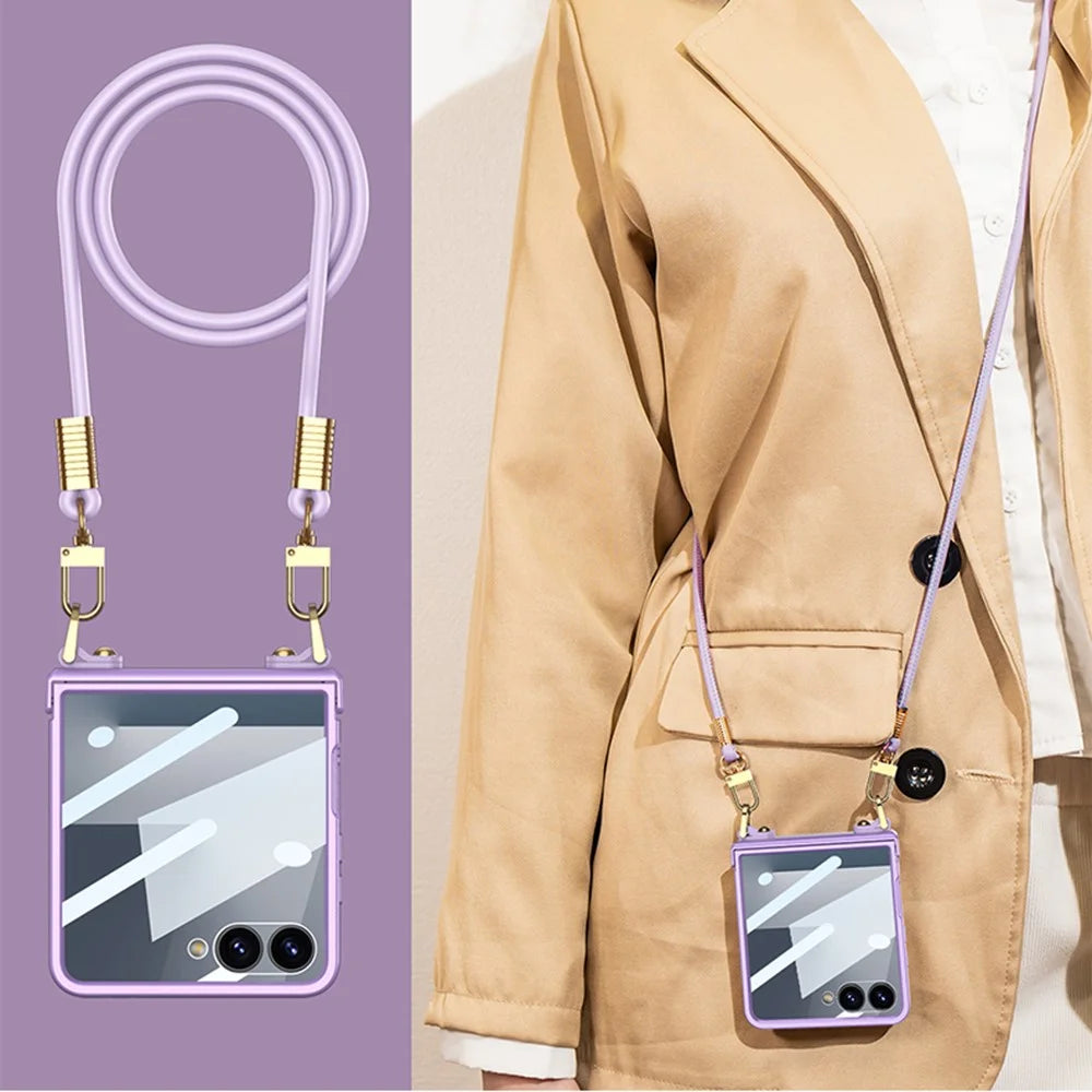 GKK For Samsung Galaxy Z Flip7 5G Case with Shoulder Strap PC Tempered Glass Slim Phone Cover - Purple - 6