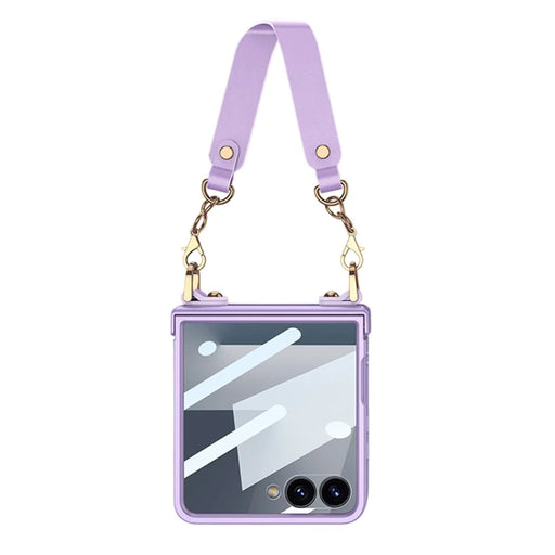 GKK For Samsung Galaxy Z Flip7 5G Case with Wrist Strap / Hinge Protection PC + Tempered Glass Slim Phone Cover - Purple - 1