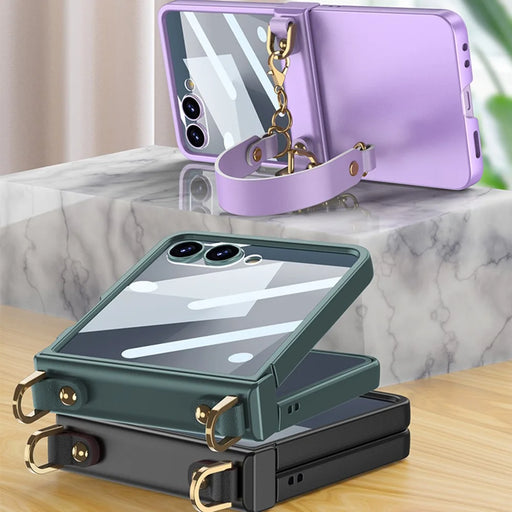 GKK For Samsung Galaxy Z Flip7 5G Case with Wrist Strap / Hinge Protection PC + Tempered Glass Slim Phone Cover - Purple - 2