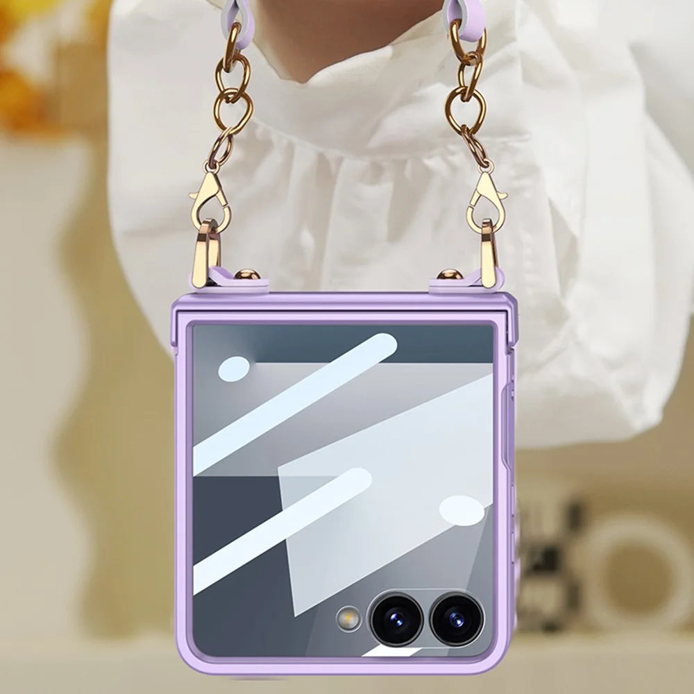 GKK For Samsung Galaxy Z Flip7 5G Case with Wrist Strap / Hinge Protection PC + Tempered Glass Slim Phone Cover - Purple - 3