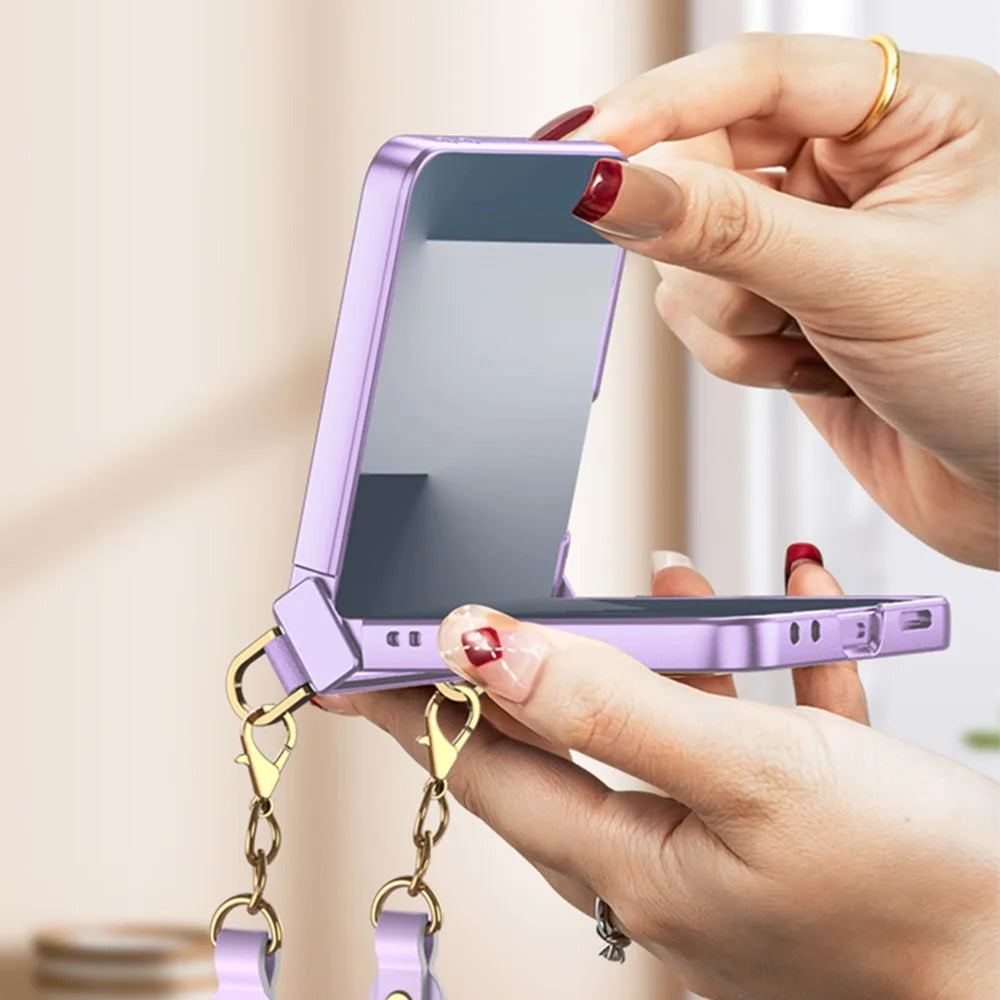 GKK For Samsung Galaxy Z Flip7 5G Case with Wrist Strap / Hinge Protection PC + Tempered Glass Slim Phone Cover - Purple - 5