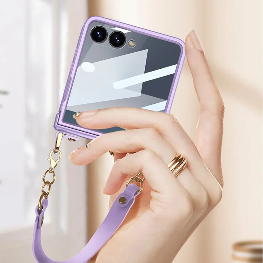 GKK For Samsung Galaxy Z Flip7 5G Case with Wrist Strap / Hinge Protection PC + Tempered Glass Slim Phone Cover - Purple - 7