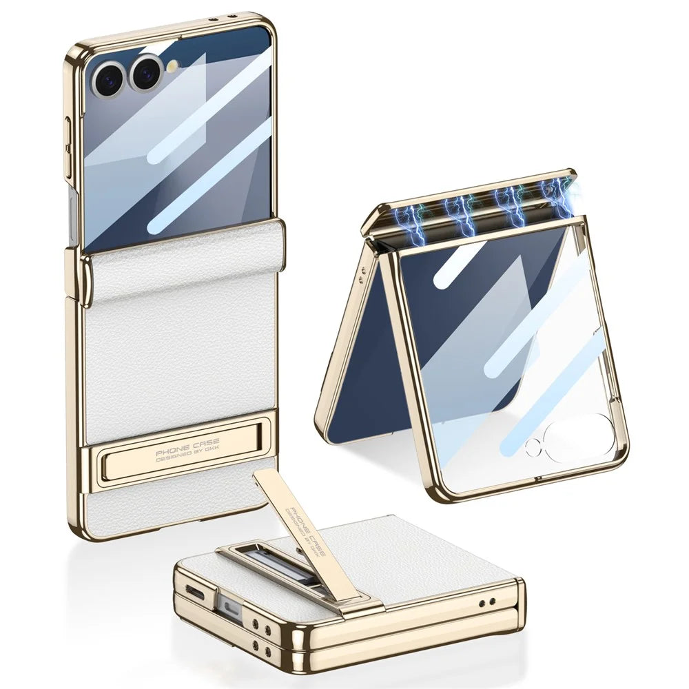 GKK For Samsung Galaxy Z Flip7 5G Kickstand Case Magnetic Hinge Protection PU + PC + Tempered Glass Phone Cover - White - 1