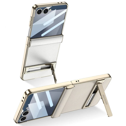 GKK For Samsung Galaxy Z Flip7 5G Kickstand Case Magnetic Hinge Protection PU + PC + Tempered Glass Phone Cover - White - 2