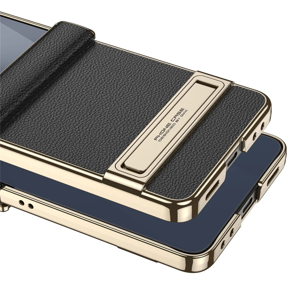GKK For Samsung Galaxy Z Flip7 5G Kickstand Case Magnetic Hinge Protection PU + PC + Tempered Glass Phone Cover - White - 5
