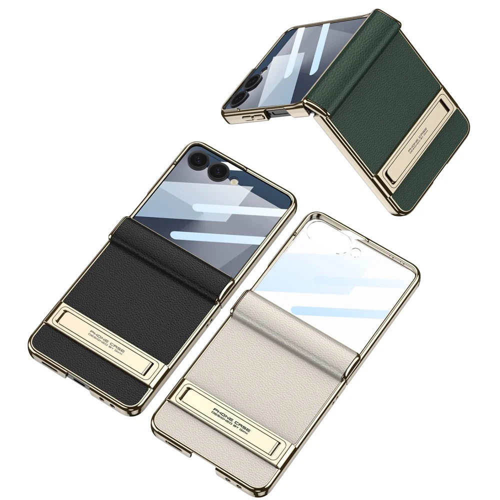 GKK For Samsung Galaxy Z Flip7 5G Kickstand Case Magnetic Hinge Protection PU + PC + Tempered Glass Phone Cover - White - 7