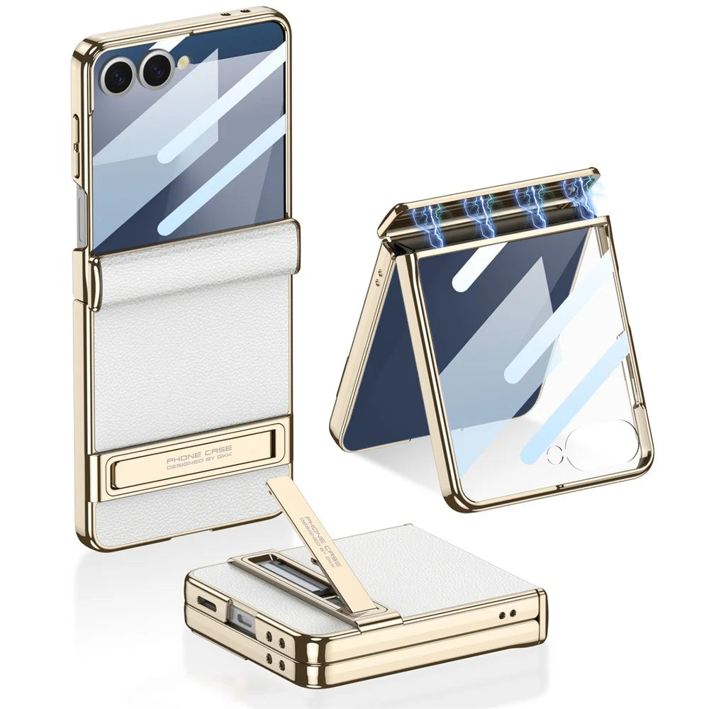 GKK For Samsung Galaxy Z Flip5 5G Kickstand Case Magnetic Hinge Protection PU + PC + Tempered Glass Phone Cover - White - 1