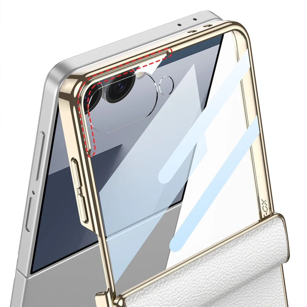GKK For Samsung Galaxy Z Flip5 5G Kickstand Case Magnetic Hinge Protection PU + PC + Tempered Glass Phone Cover - White - 2