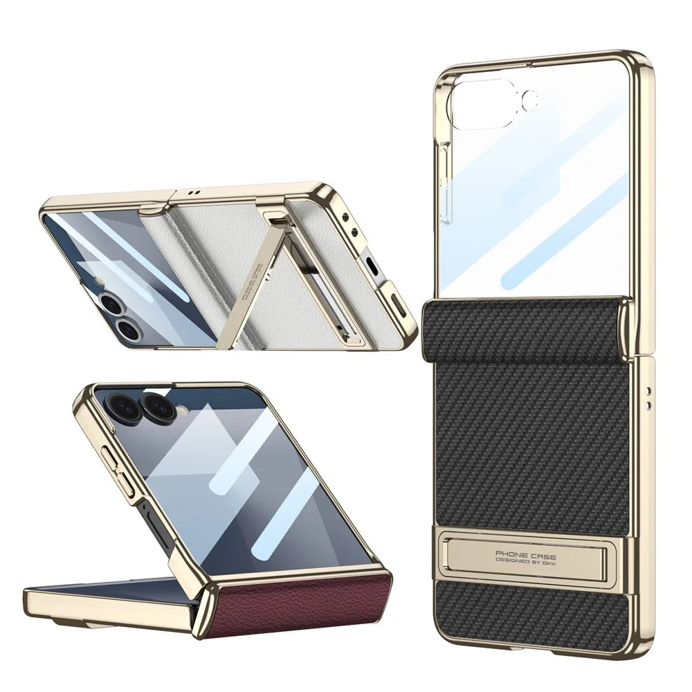 GKK For Samsung Galaxy Z Flip5 5G Kickstand Case Magnetic Hinge Protection PU + PC + Tempered Glass Phone Cover - White - 7