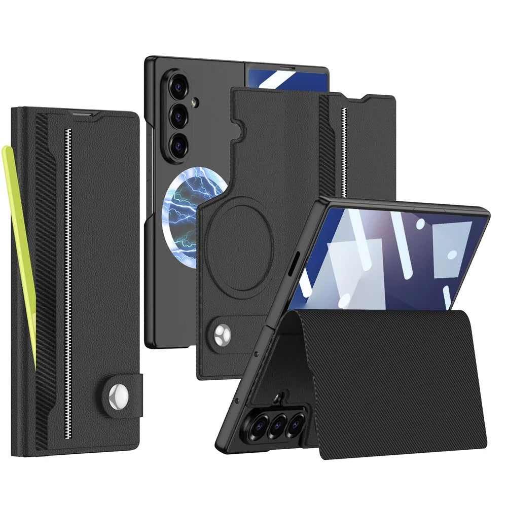 GKK For Samsung Galaxy Z Fold7 5G Magnetic Case with Card Slot Detachable PC PU Leather Flip Phone Cover - Black - 1