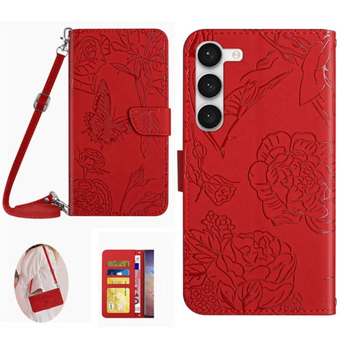 For Samsung Galaxy S23 HT03 Imprinted Butterfly Flowers Wallet Flip Cover PU Leather Skin-touch Stand Magnetic Folio Protective Phone Case with Shoulder Strap - Red - 1