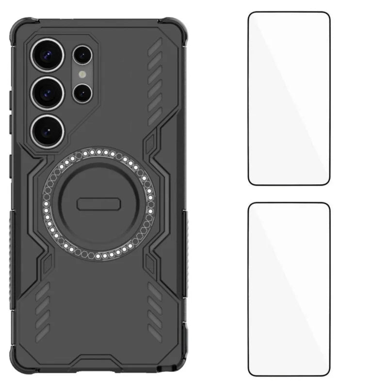 WANLONFENG For Samsung Galaxy S25 Ultra Magnetic Case  DJ Series PC TPU Phone Cover with 2Pcs Tempered Glass Film - Black - 1