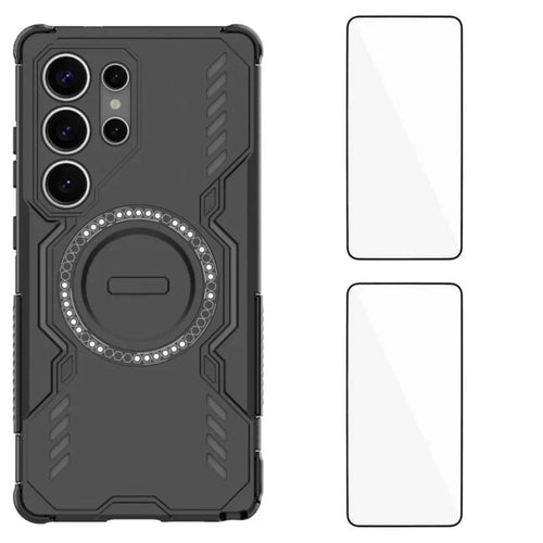 WANLONFENG For Samsung Galaxy S25 Ultra Magnetic Case  DJ Series PC TPU Phone Cover with 2Pcs Tempered Glass Film - Black - 1