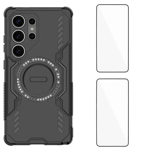 WANLONFENG For Samsung Galaxy S25 Ultra Magnetic Case  DJ Series PC TPU Phone Cover with 2Pcs Tempered Glass Film - Black - 1