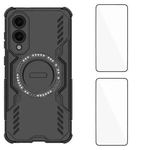 WANLONFENG For Samsung Galaxy S25 Edge Magnetic Case  DJ Series PC TPU Phone Cover with 2Pcs Tempered Glass Film - Black - 1