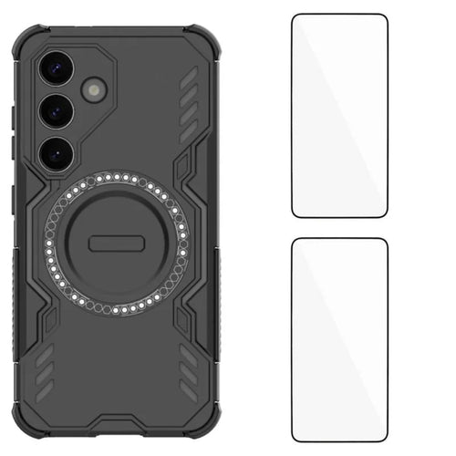 WANLONFENG For Samsung Galaxy S25 Magnetic Case  DJ Series PC TPU Phone Cover with 2Pcs Tempered Glass Film - Black - 1
