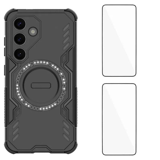 WANLONFENG For Samsung Galaxy S25 Magnetic Case  DJ Series PC TPU Phone Cover with 2Pcs Tempered Glass Film - Black - 1