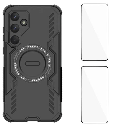 WANLONFENG For Samsung Galaxy A55 5G Magnetic Case  DJ Series PC TPU Phone Cover with 2Pcs Tempered Glass Film - Black - 1